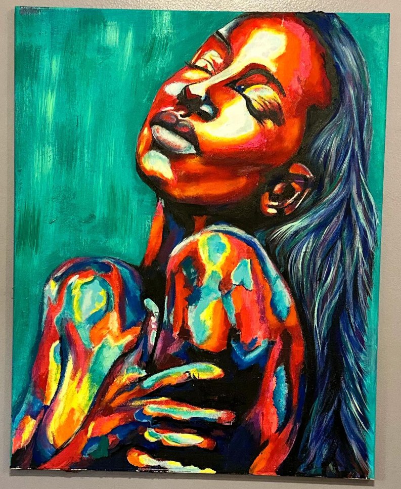 Past piece — vivid portrait of a woman in reds, blues and yellows against a teal background
