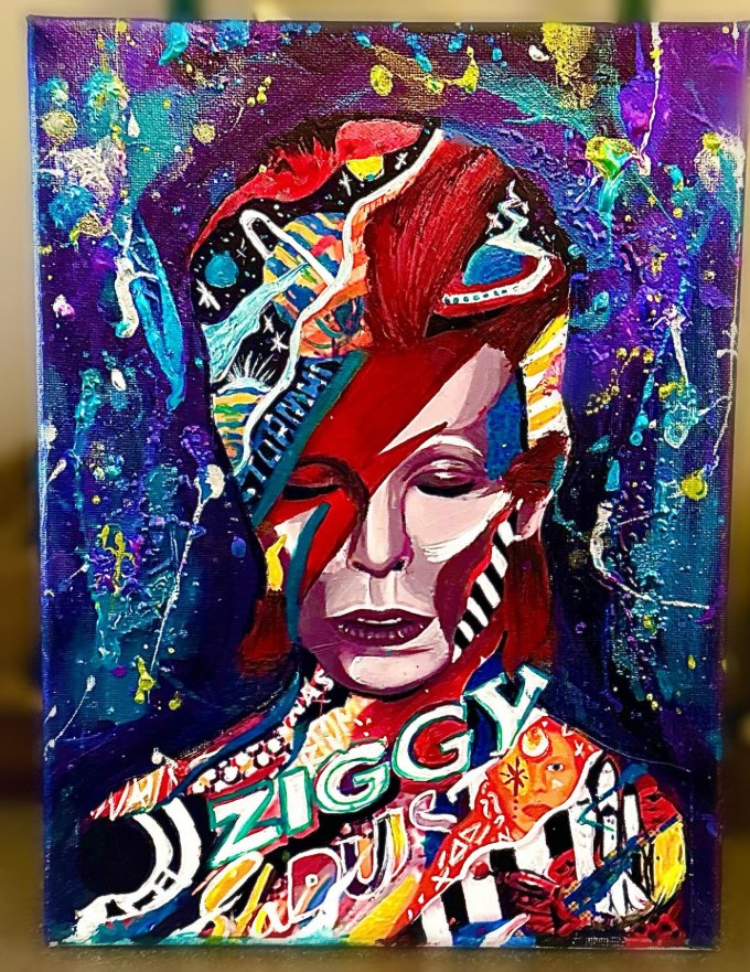 Past piece — Ziggy Stardust portrait painted in purples, reds and splattered color