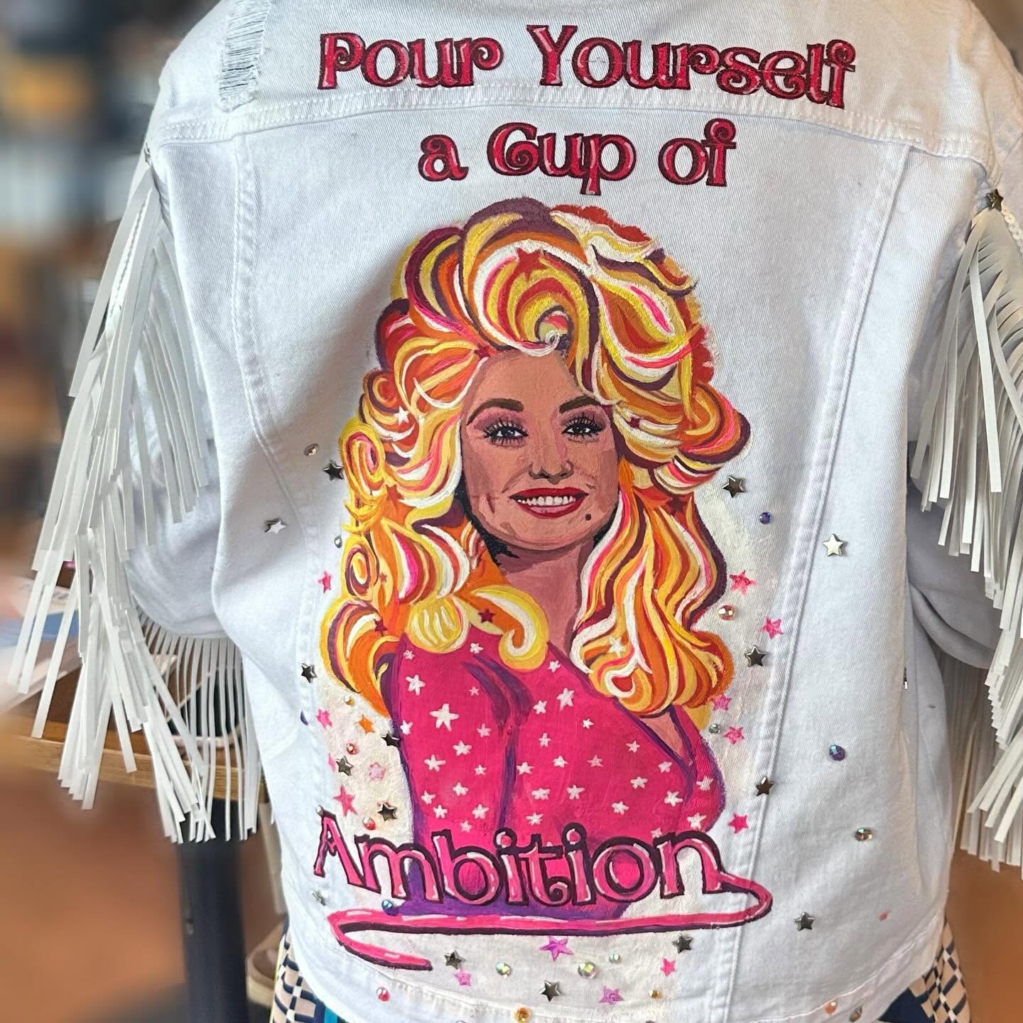 Hand-painted Dolly Parton denim jacket with fringe sleeves