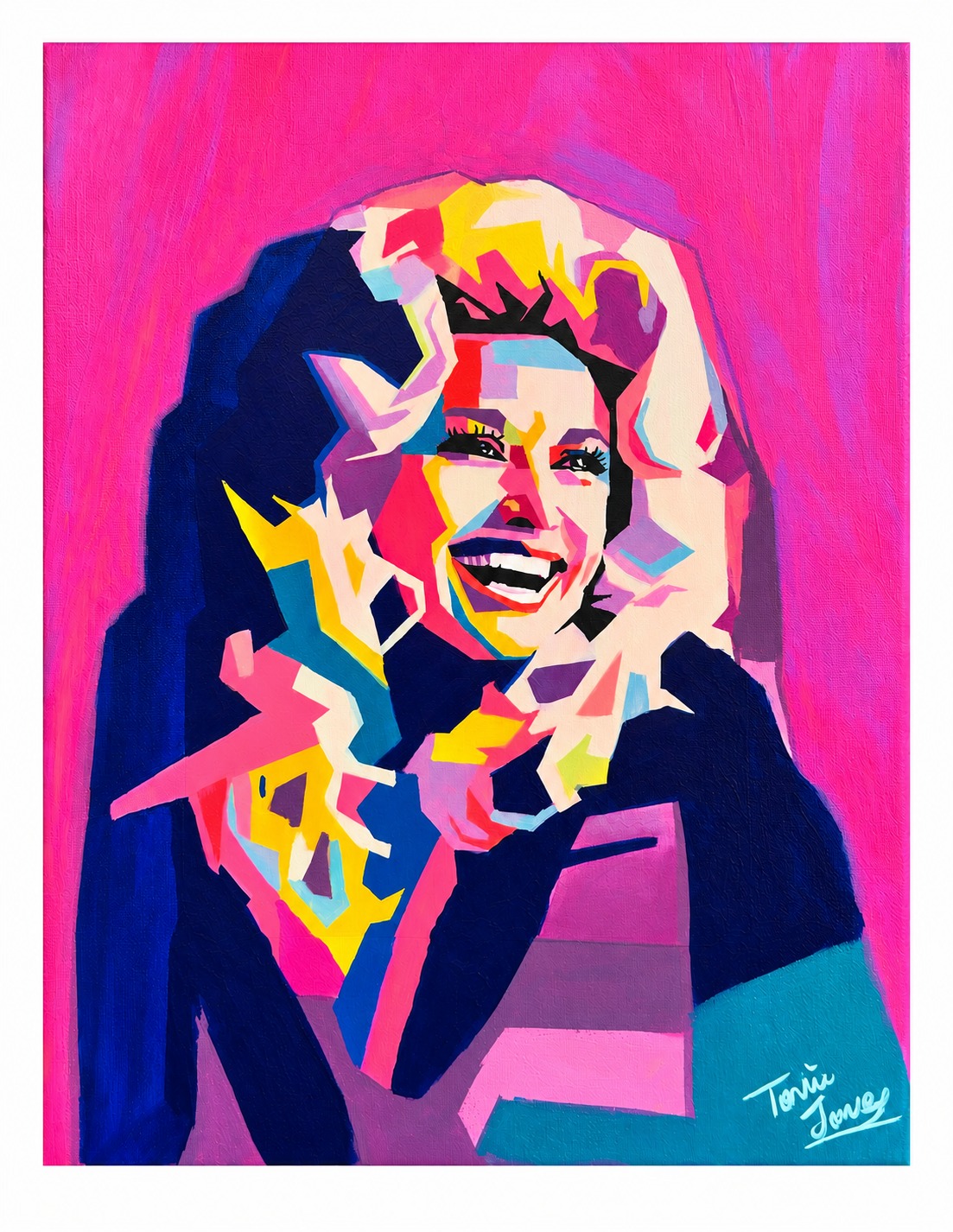 East Tennessee Queen print — vibrant geometric portrait of Dolly Parton against a hot pink background, signed by Torrie Jones