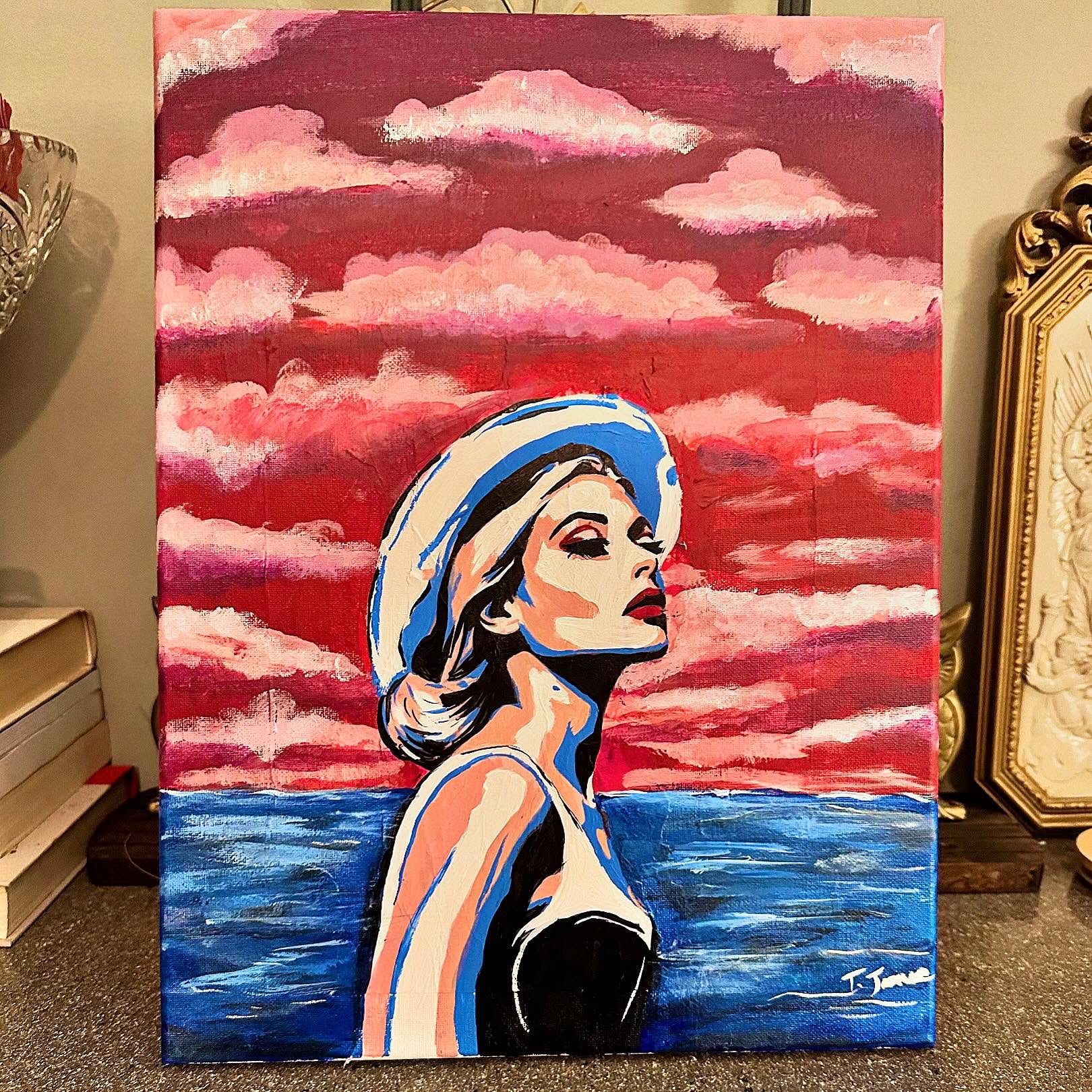 Seaside Muse — original painting of a woman in profile against pink clouds and a blue sea, signed by Torrie Jones