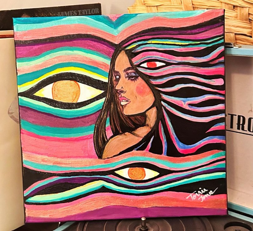 Past piece — painting of a woman among striped waves of pink, teal and black with two large eyes