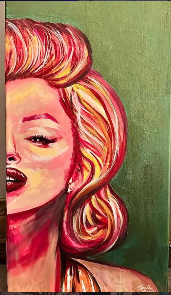 Past piece — hand-painted portrait of Marilyn Monroe in pinks, reds and golds on a deep green background